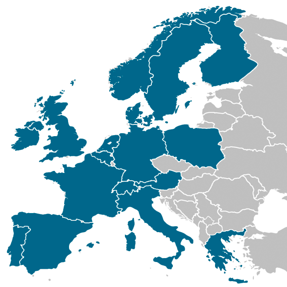Europa-kort med Tivedos aktive markeder